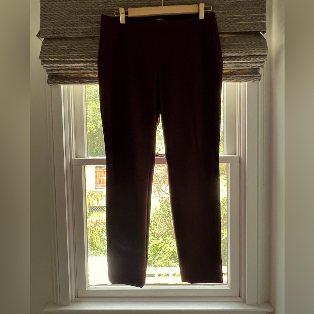 Theory maroon skinny pants.  Stretch on w/ elastic waist.  Fits 6 to 10.